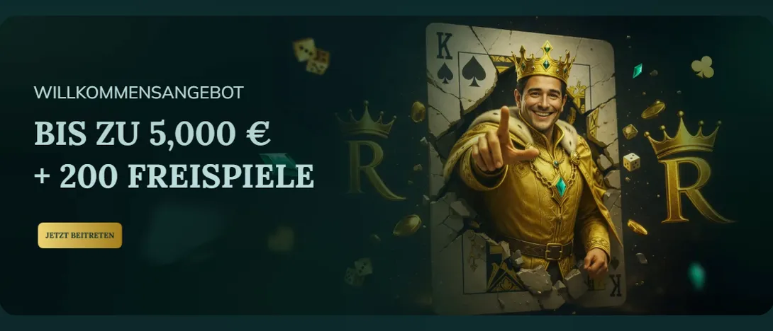 Royalen — Bis zu 5.000 € + 200 Freispiele über mehrere Einzahlungen (100% bis 1.000 € + 200 FS; 50% bis 2.500 €; 150% bis 1.500 €), plus separates Crypto-Willkommensangebot 300% bis 100 €